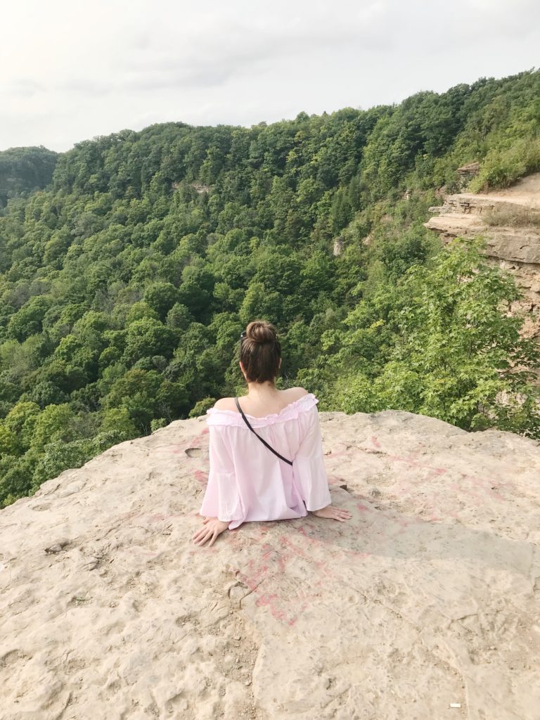 A woman with a high bun looks out over the woods from Dundas Peak